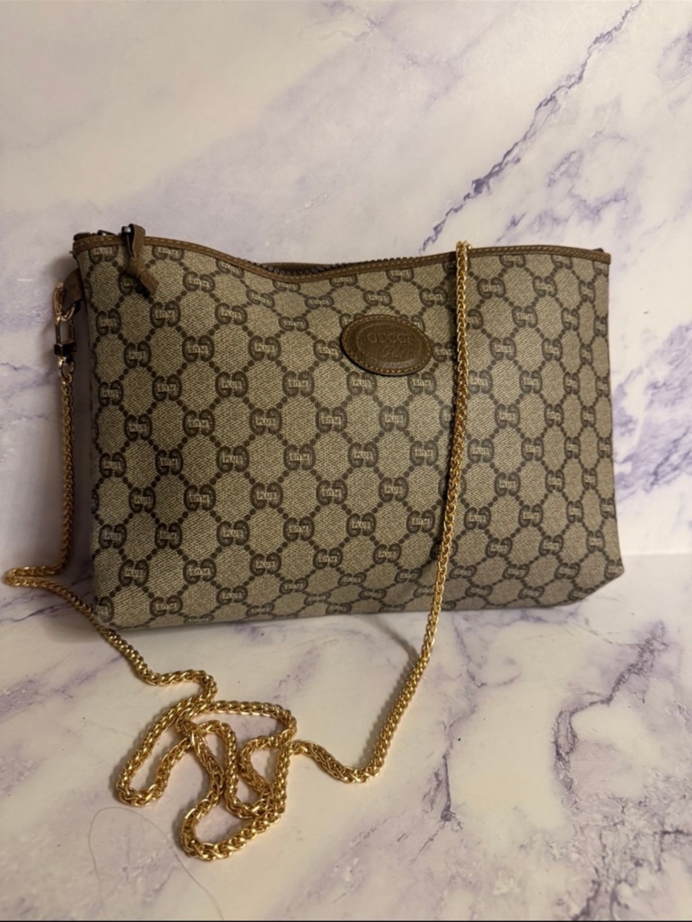 Gucci Beige GG Supreme Canvas Crossbody with Gold Chain